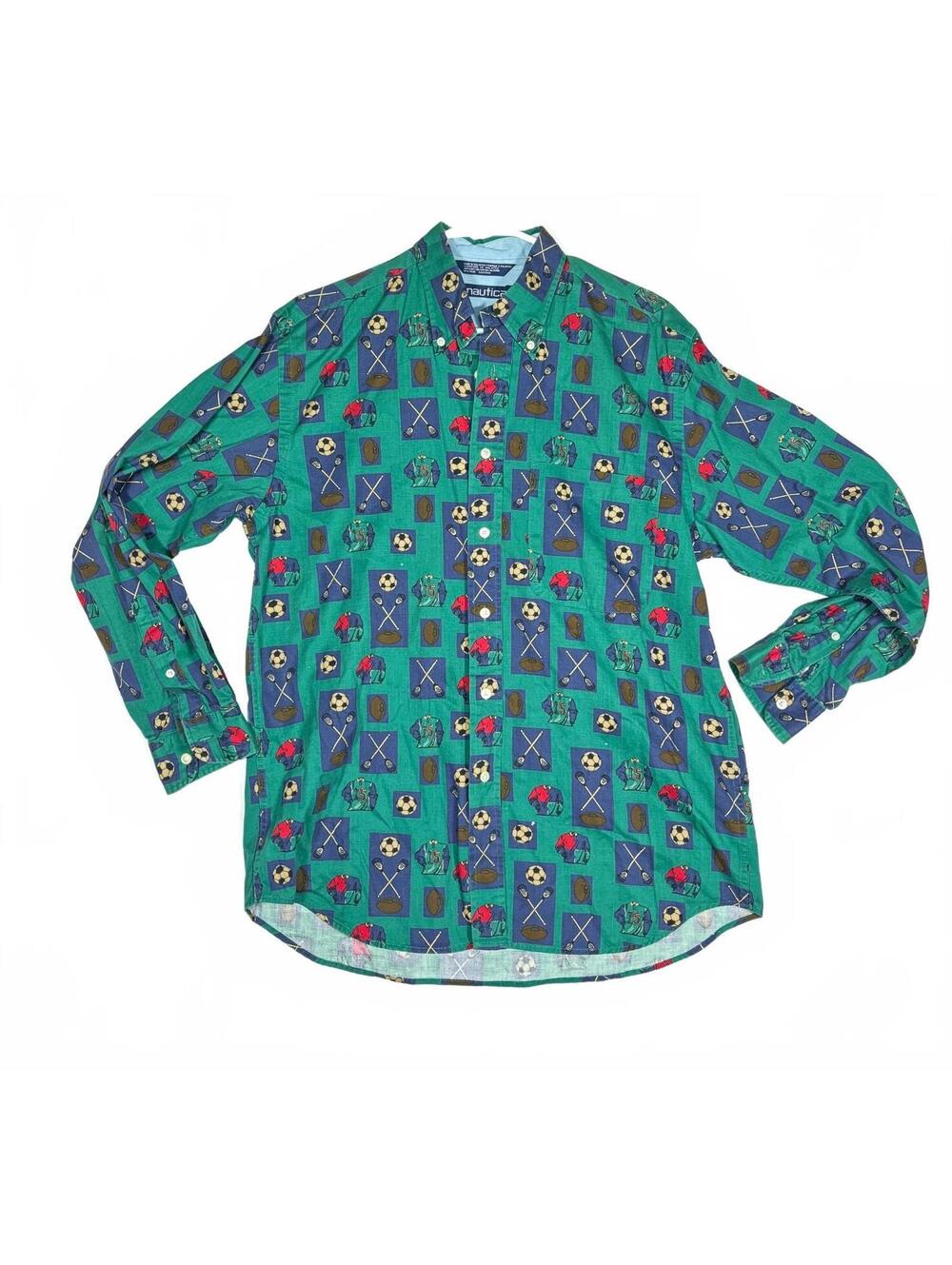 Vintage Nautica Men’s M Green AOP Soccer Golf Sports Button Down Shirt Retro Y2K - Picture 2 of 7